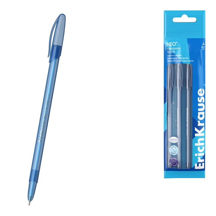 ErichKrause Neo Stick Original Pack de 4 Boligrafos con Capuchon - Punta de Aguja 0.7mm - Cuerpo Transparente - Trazo 0.26mm - Tinta de Baja Viscosida 1