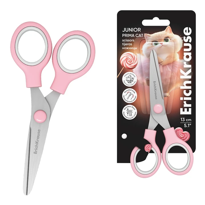 ErichKrause Junior Prima Cat Tijeras de 13cm - Mangos de Plastico Resistente a Golpes - Ergonomicas - Color Rosa 1