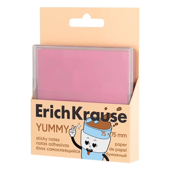 ErichKrause Yummy Bloc de 80 Notas Adhesivas Reposicionables - Papel de 75g/m2 - 75x75mm - Caja de Plastico - Pegamento a Base de Agua - Color Rosa 1