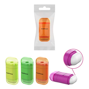 ErichKrause JOY Neon Sacapuntas con Contenedor - Goma de Borrar - Plastico - Cuchilla Niquelada de Acero al Carbono - Orificio de 8mm - Colores Surtid
