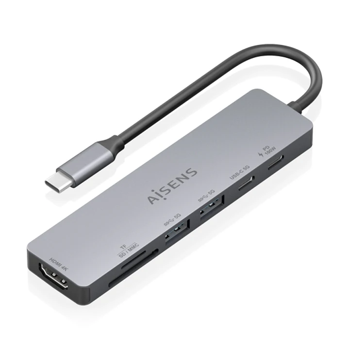 Aisens USB-C Dock 7 en 1 - USB-C a 1xHDMI - 2xUSB-A - 1xUSB-C - 1xUSB-C PD 100W - 1xSD - 1xMicroSD - 15cm - Color Gris 1