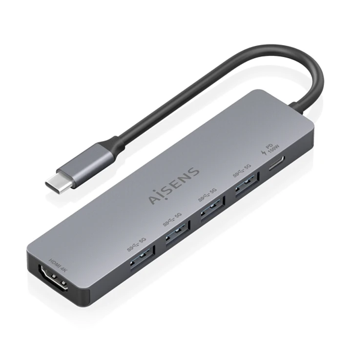 Aisens USB-C Dock 6 en 1 - USB-C a 1xHDMI - 4xUSB-A - 1xUSB-C PD 100W - 15cm - Color Gris 1
