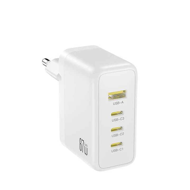 XO CE39 Cargador de Pared - 4 Puertos - 1x USB-C1 67W - 2x USB-C 30W - 1x USB-A 22.5W - Power Delivery - Color Blanco 1