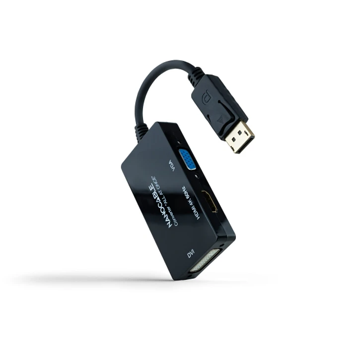 Nanocable Conversor de Video - DisplayPort a HDMI, DVI y VGA - 3 Salidas Simultaneas - 4K a 60Hz por HDMI - Modo SST y MST - Longitud 20cm - Color Neg 1
