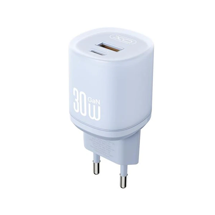 XO L151 Cargador de Pared - Potencia 30W - Tecnologia GaN - USB-A y USB-C - Carga Rapida - Doble Puerto - Compacto - Color Azul 1