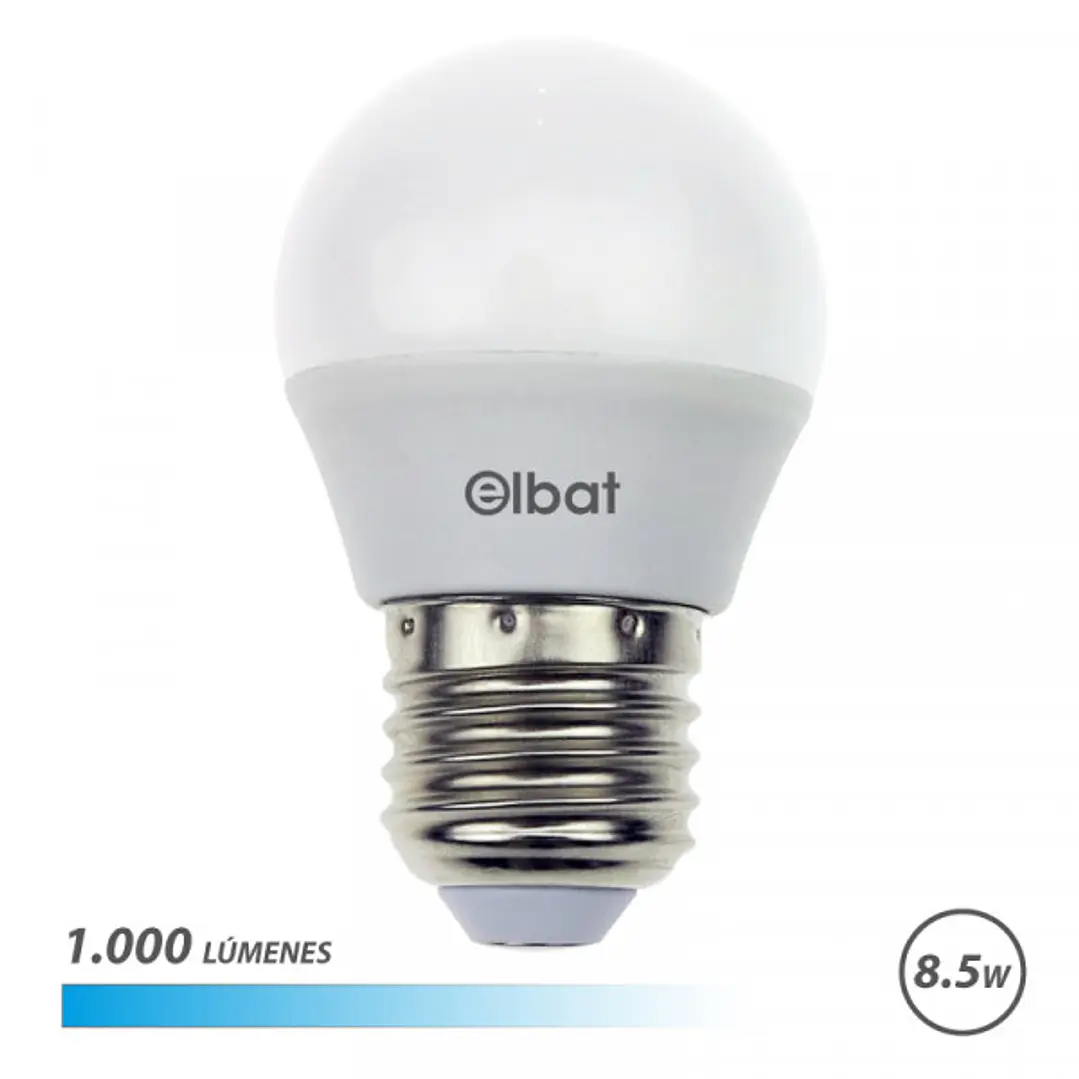 Elbat G45 Bombilla LED - Potencia 8.5W - Flujo Luminoso 1000lm - E27 - Temperatura de Color 6500K - Luz Fria - Apertura 180º - Vida Util 30.000h - 15. 1