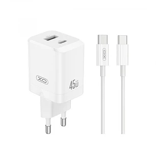 XO CE36 Cargador de Pared - USB-C 45W - USB-A 18W - Power Delivery - Quick Charge - Cable USB-C Incluido - Policarbonato - Resistente al Calor - Color