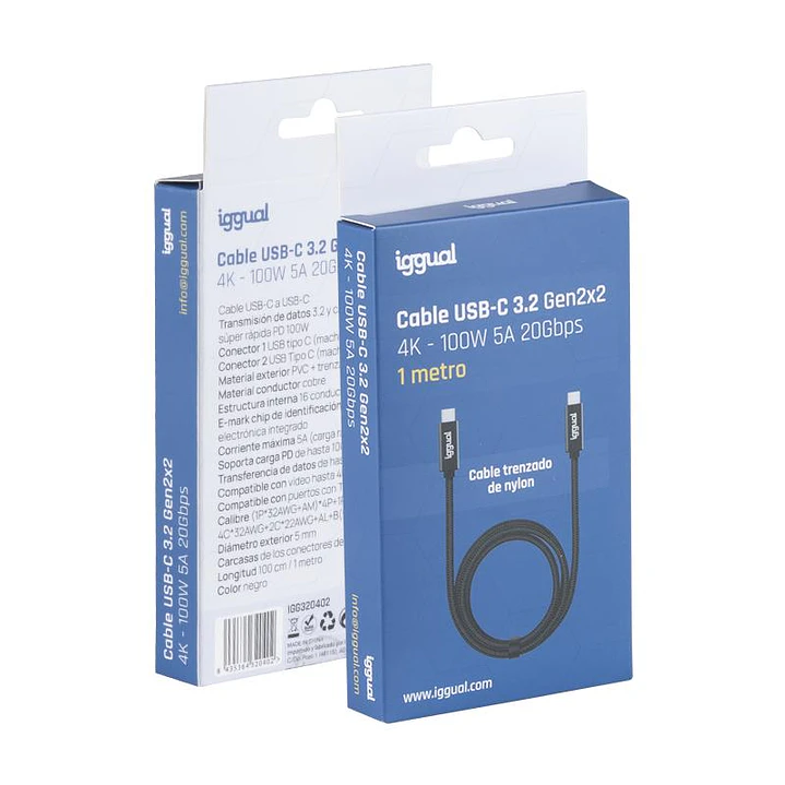 iggual Cable USB-C 3.2 Gen2x2 100W 5A 4K 1m nylon 4