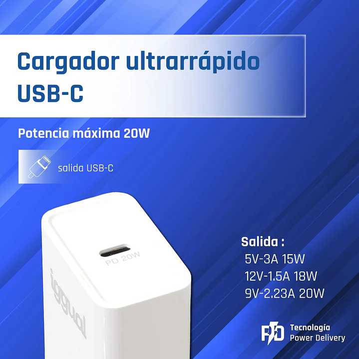 iggual Cargador rápido USB PD tipo C 20W 2