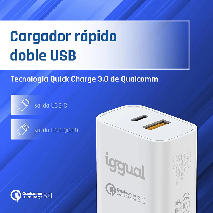 iggual Cargador doble USB QC3.0 + tipo C PD 20W 2