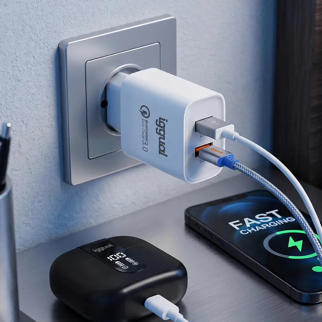 iggual Cargador doble 2xUSB carga rápida QC3.0 30W 3