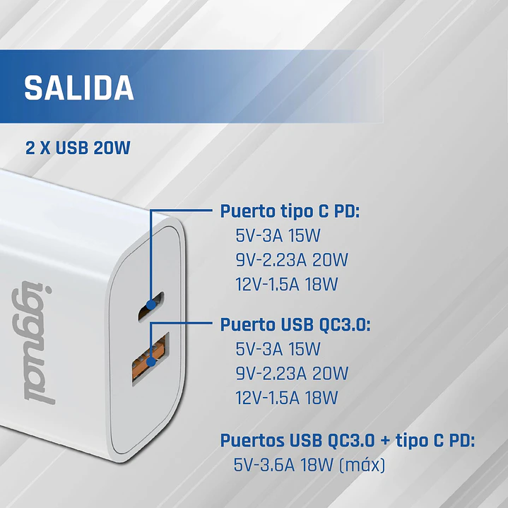 iggual Cargador doble USB QC3.0 + tipo C PD 20W 3