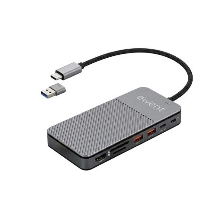 Ewent EW1156 Docking Station USB-C 8 en 1 con Ranura SSD M.2 - 1xHDMI 4K, 1xUSB-C 3.2, 2xUSB-A 3.2, 1xUSB-C PD 100W, 1xSD y 1xTF - Compatible SSD NVMe 1