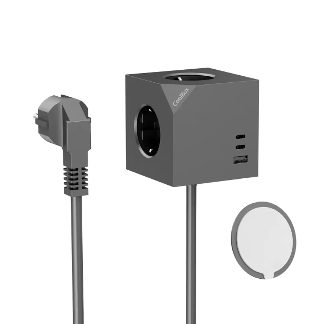 Coolbox Cubik Magnet Cubo Multienchufes de Sobremesa con 3 Tomas + 2x USB-C 20W max. - 1x USB-A 15W max. - Cable de 1,4m - Fijacion Magnetica - Color  1
