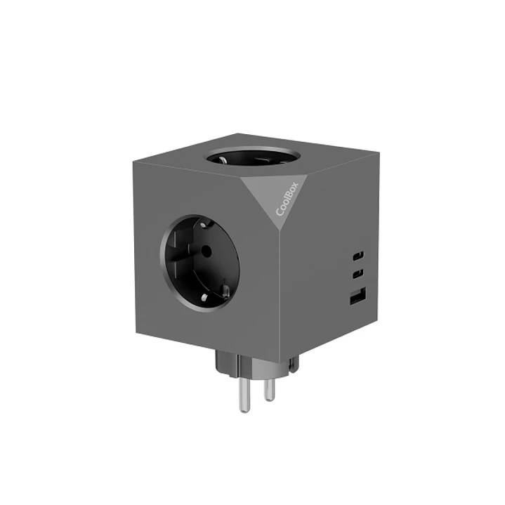 Coolbox Cubik Cubo Multienchufes con 3 Tomas + 2x USB-C 20W max. - 1x USB-A 15W max.  - Color Gris 1