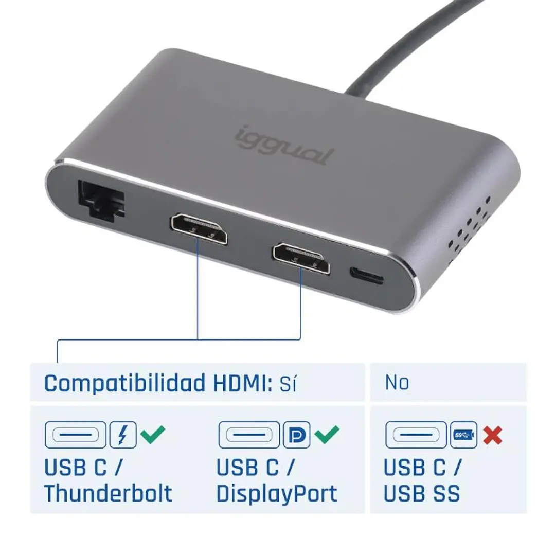 iggual Hub C 8 en 1 2xHDMI 2xUSB 2xSD RJ45 PD100W 4