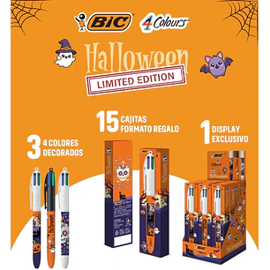 Bic 4 Colours Halloween Expositor con 15 Boligrafos de Bola Retractil - 3 Diseños Diferentes - En Caja Individual - Punta Media de 1.0mm