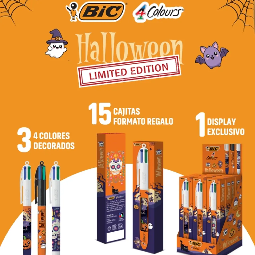 Bic 4 Colours Halloween Expositor con 15 Boligrafos de Bola Retractil - 3 Diseños Diferentes - En Caja Individual - Punta Media de 1.0mm 1