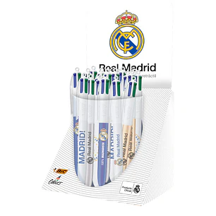 Bic 4 Colours Real Madrid CF Expositor con 30 Boligrafos de Bola Retractil - 6 Diseños Diferentes - Punta Media de 1.0mm