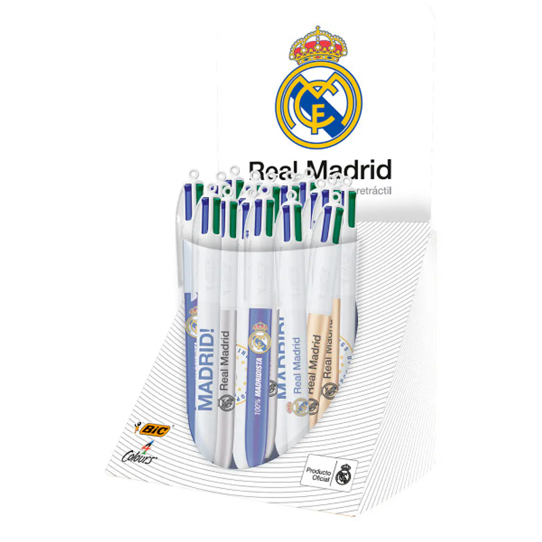 Bic 4 Colours Real Madrid CF Expositor con 30 Boligrafos de Bola Retractil - 6 Diseños Diferentes - Punta Media de 1.0mm 1