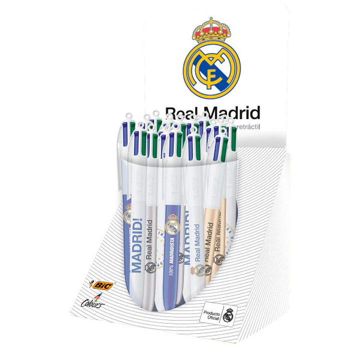 Bic 4 Colours Real Madrid CF Expositor con 30 Boligrafos de Bola Retractil - 6 Diseños Diferentes - Punta Media de 1.0mm 1