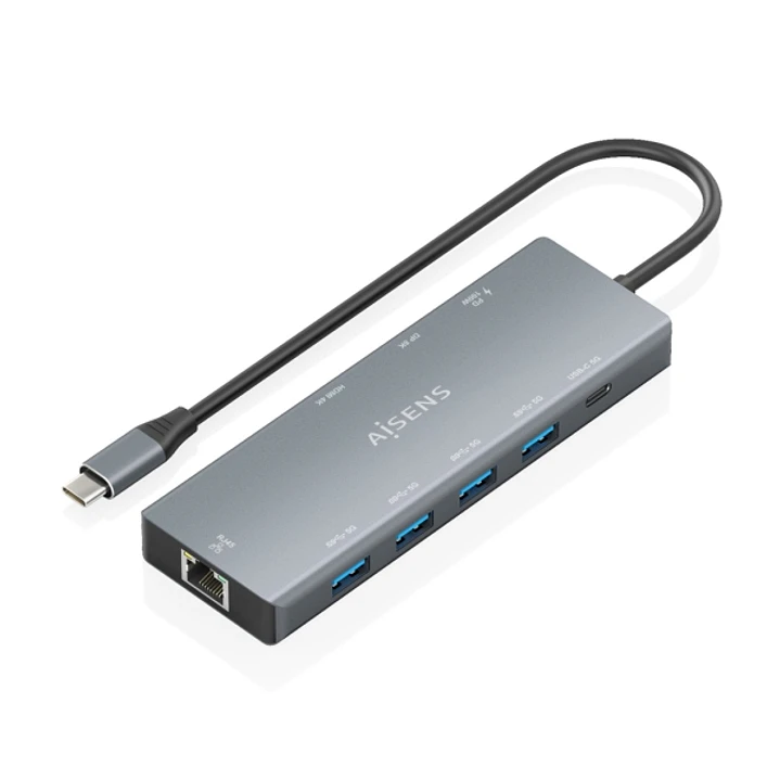 Aisens USB-C Dock 9 en 1 - USB-C a 1xHDMI - 1xDisplayPort - 1xRJ45 - 4xUSB-A 5G - 1xUSB-C 5G - 1xUSB-C PD 100W - 20cm - Color Gris 1
