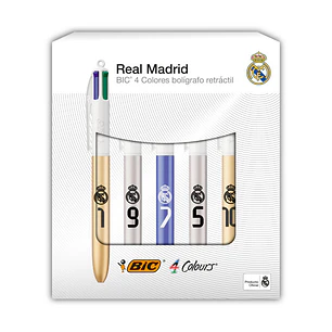 Bic 4 Colours Ed. Lujo Real Madrid CF Pack con 5 Boligrafos de Bola Retractil - 5 Diseños Diferentes - Punta Media de 1.0mm