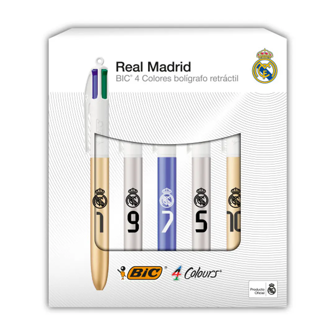 Bic 4 Colours Ed. Lujo Real Madrid CF Pack con 5 Boligrafos de Bola Retractil - 5 Diseños Diferentes - Punta Media de 1.0mm 1