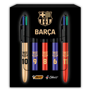 Bic 4 Colours Barça Ed. Lujo Pack con 5 Boligrafos de Bola Retractil - 5 Diseños Diferentes - Punta Media de 1.0mm