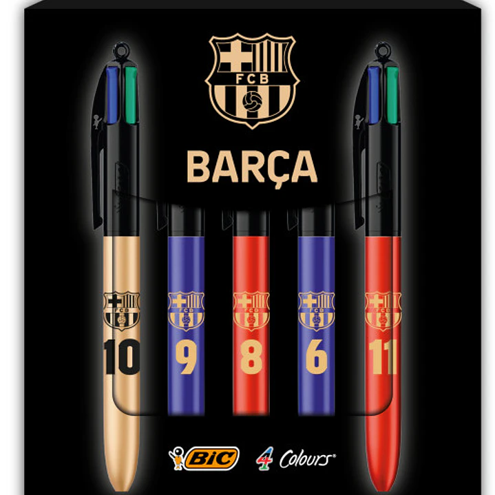 Bic 4 Colours Barça Ed. Lujo Pack con 5 Boligrafos de Bola Retractil - 5 Diseños Diferentes - Punta Media de 1.0mm 1