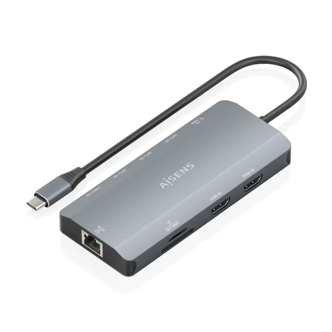 Aisens USB-C Dock 12 en 1 - USB-C a 2xHDMI - 1xRJ45 - 3xUSB-A - 1xUSB-C - 1xUSB-C PD 100W - 1xSD - 1xMicroSD - 20cm - Color Gris 1