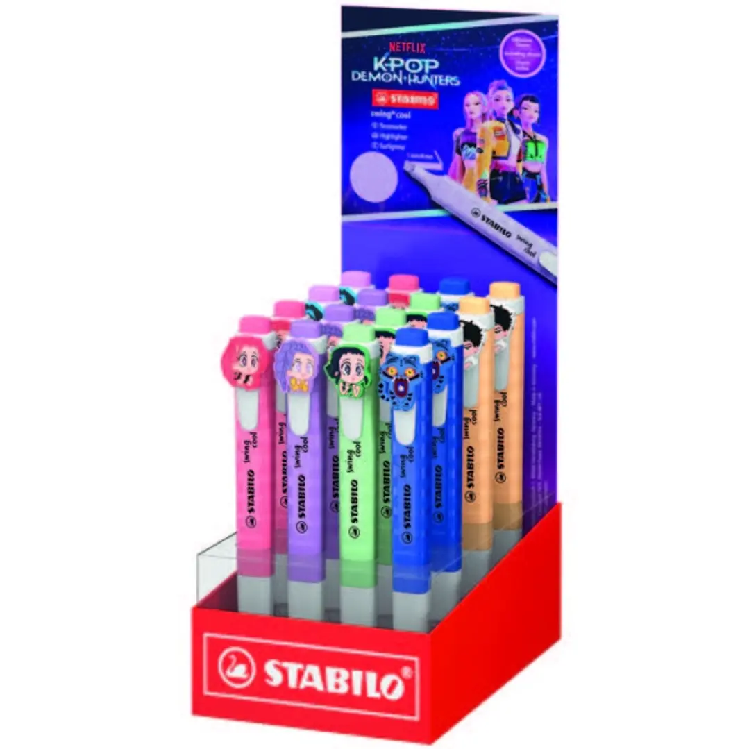 Stabilo Swing Cool K-Pop Demon Hunters Expositor con 16 Marcadores - Cuerpo Plano - Punta Biselada - Trazo entre 1 y 4mm - Tinta con Base de Agua - Co 1