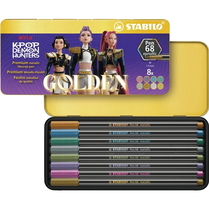 Stabilo Pen 68 Metallic K-Pop Demon Hunter Caja Metalica con 8 Rotuladores de Punta de Fibra - Trazo de 1mm aprox. - Tinta con Base de Agua - Colores  1