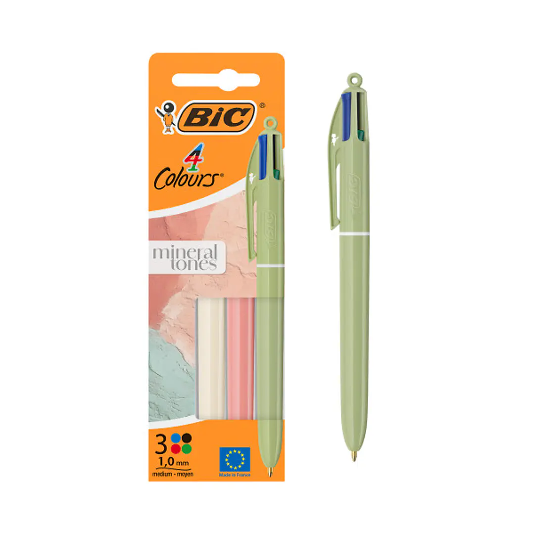 Bic 4 Colours Mineral Tones Pack con 3 Boligrafos de Bola Retractil - 3 Colores Diferentes - Punta Media de 1.0mm - Colores Surtidos 1