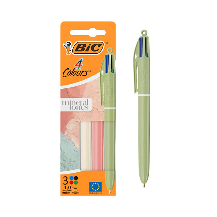 Bic 4 Colours Mineral Tones Pack con 3 Boligrafos de Bola Retractil - 3 Colores Diferentes - Punta Media de 1.0mm - Colores Surtidos 1