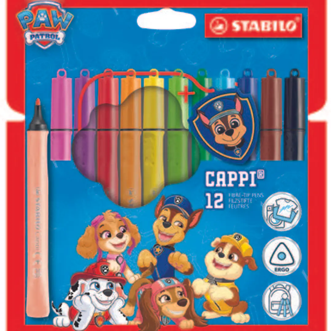 Stabilo Cappi Patrulla Canina Pack con 12 Rotuladores - Trazo de 1mm aprox. - Anilla en el Tapon - Incluye Insignia de Chase - Colores Surtidos 1