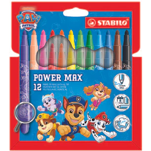 Stabilo Power Max Patrulla Canina Pack de 12 Rotuladores de Punta Gruesa con Diseños de la Patrulla Canina - Trazo 3mm - Tinta Lavable - No se Seca - 