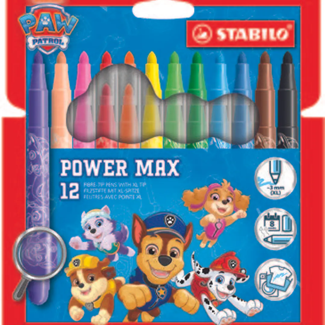 Stabilo Power Max Patrulla Canina Pack de 12 Rotuladores de Punta Gruesa con Diseños de la Patrulla Canina - Trazo 3mm - Tinta Lavable - No se Seca -  1