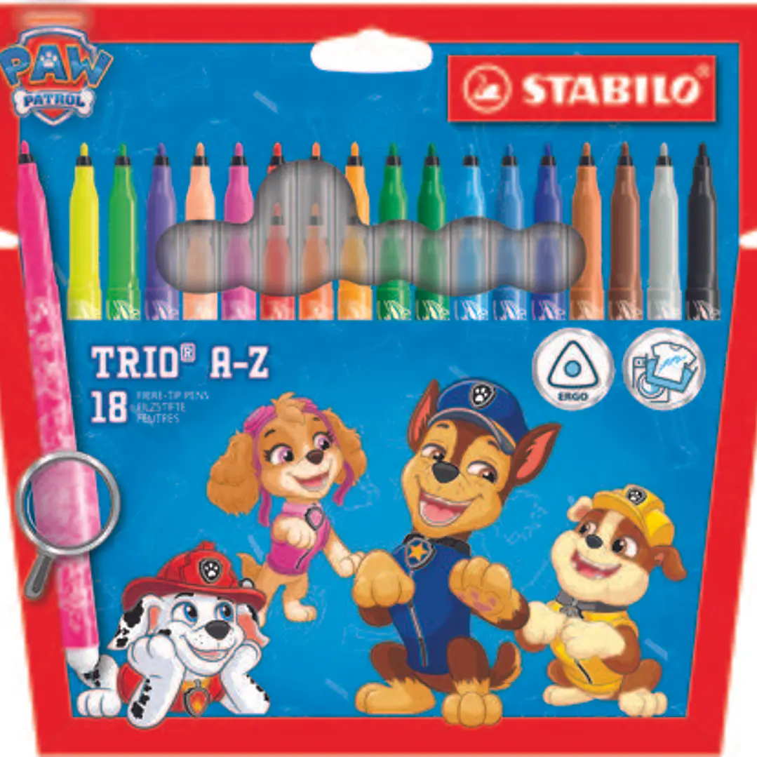 Stabilo Trio A-Z Patrulla Canina Pack de 18 Rotuladores con Diseños de la Patrulla Canina - Punta Fina de Fibra - Trazo 0.7mm - Tinta Lavable - Zona d 1
