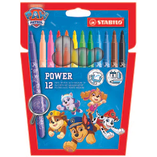 Stabilo Power Patrulla Canina Pack con 12 Rotuladores con Diseños de la Patrulla Canina - Punta Media de 2mm - Tinta Lavable - Capuchon Ventilado - Co