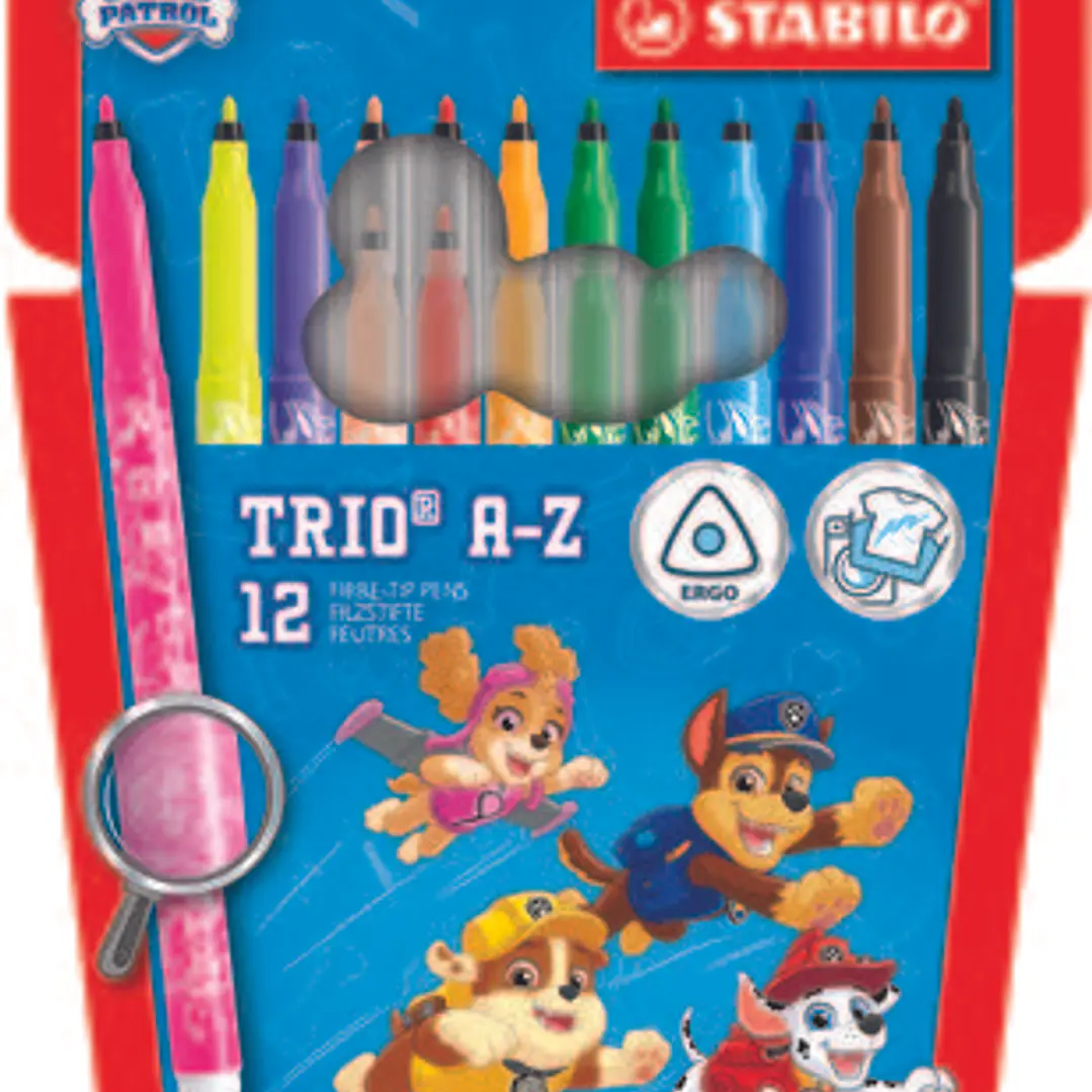 Stabilo Trio A-Z Patrulla Canina Pack de 12 Rotuladores con Diseños de la Patrulla Canina - Punta Fina de Fibra - Trazo 0.7mm - Tinta Lavable - Zona d 1