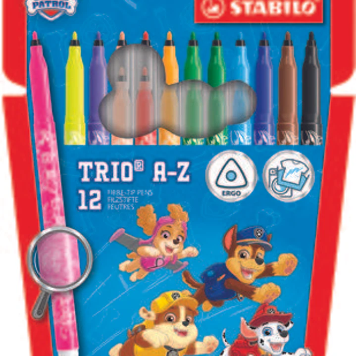 Stabilo Trio A-Z Patrulla Canina Pack de 12 Rotuladores con Diseños de la Patrulla Canina - Punta Fina de Fibra - Trazo 0.7mm - Tinta Lavable - Zona d 1