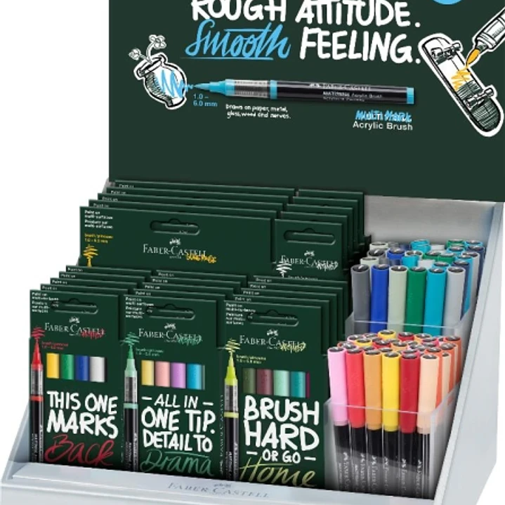 Faber-Castell Multimark Acrylic Brush Expositor con 25 Packs Surtidos de Rotuladores Acrilicos Punta Pincel + 70 Unidades Sueltas  - Trazo de 1 a 6mm  1