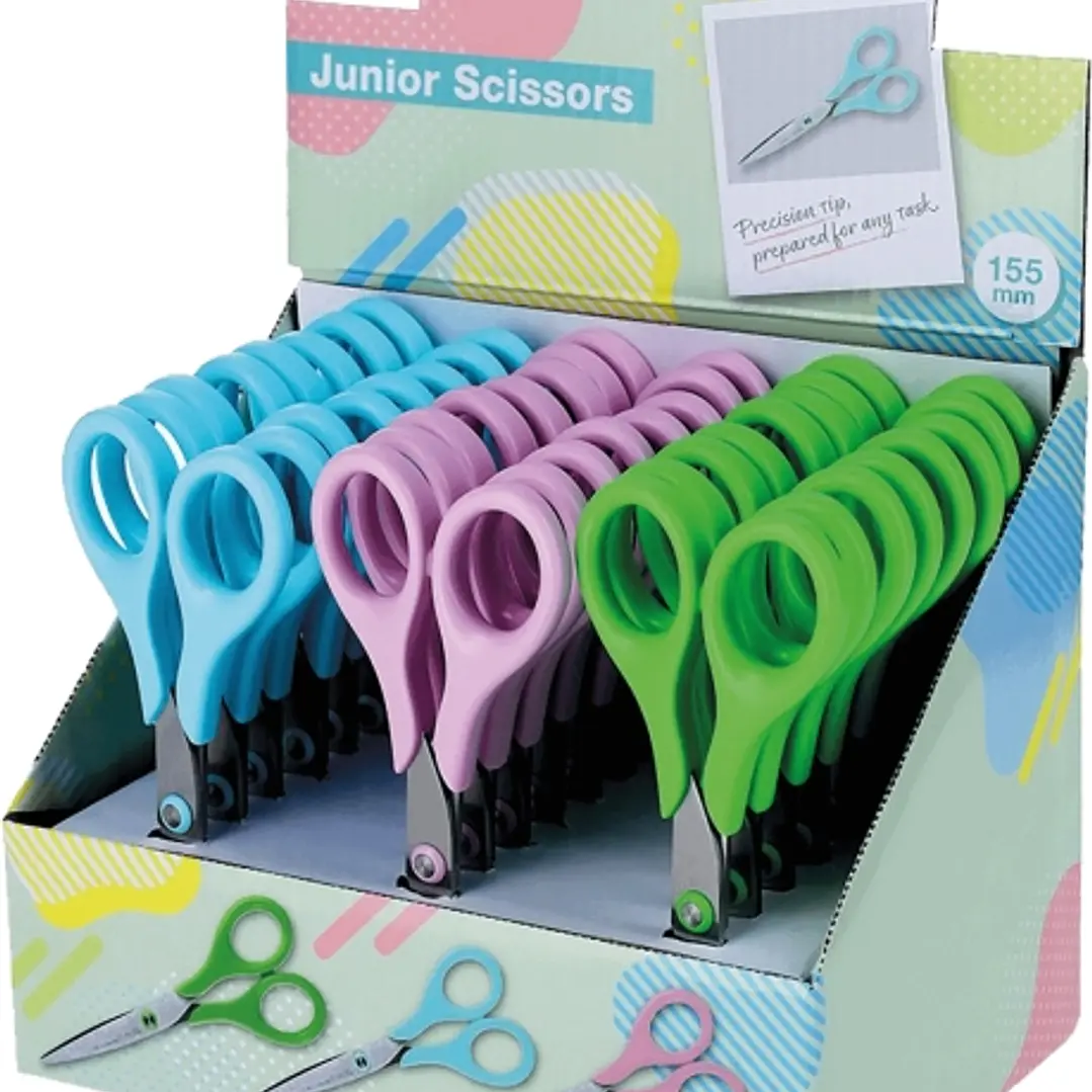 Plus Junior Expositor con 24 Tijeras Escolares 15.5cm - Punta Ligeramente Redondeada - Colores Surtidos 1