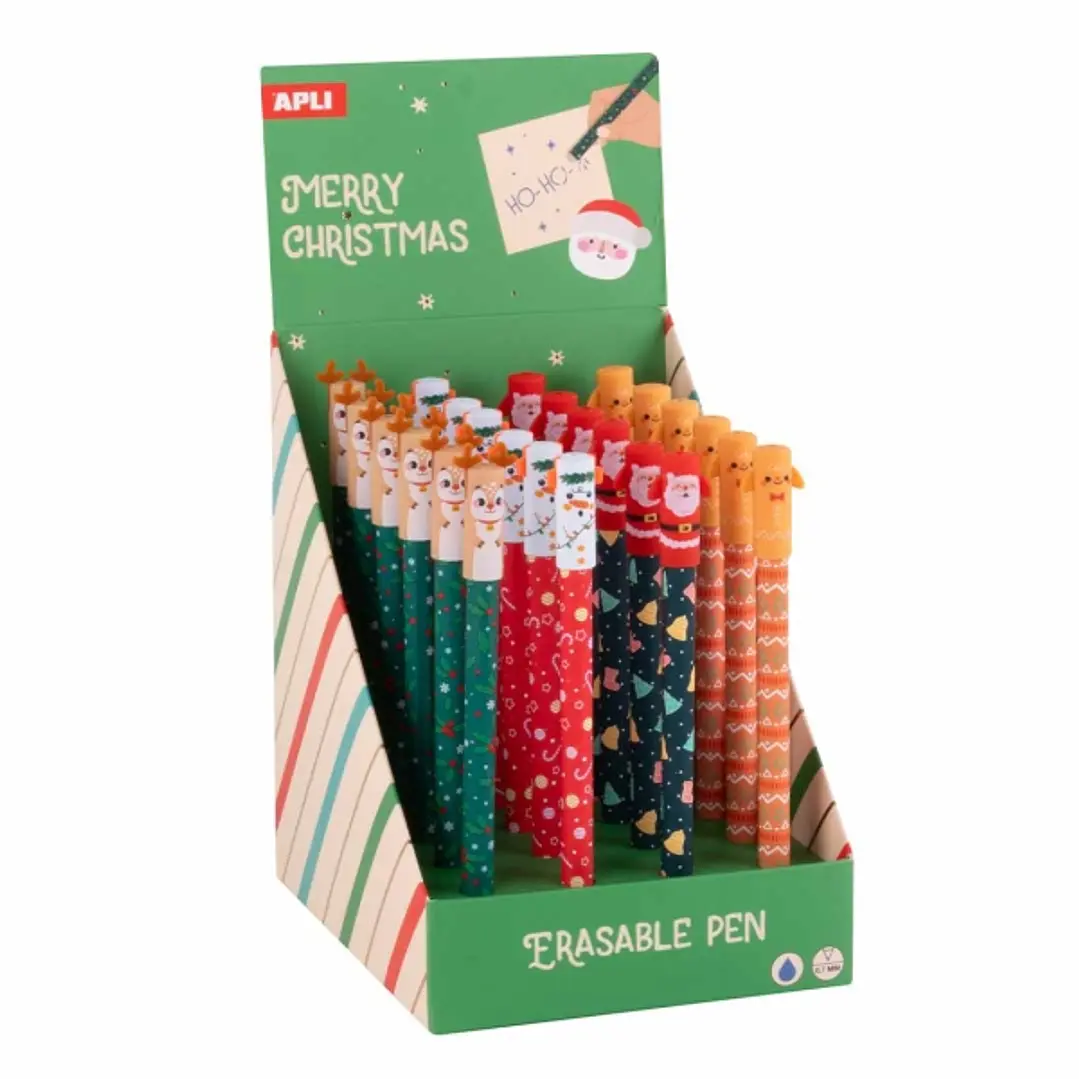 Apli Navidad Expositor con 24 Boligrafos de Tinta Gel Borrables - Trazo 0.7mm - 4 Divertidos Diseños Navideños - Tinta de Color Azul 1