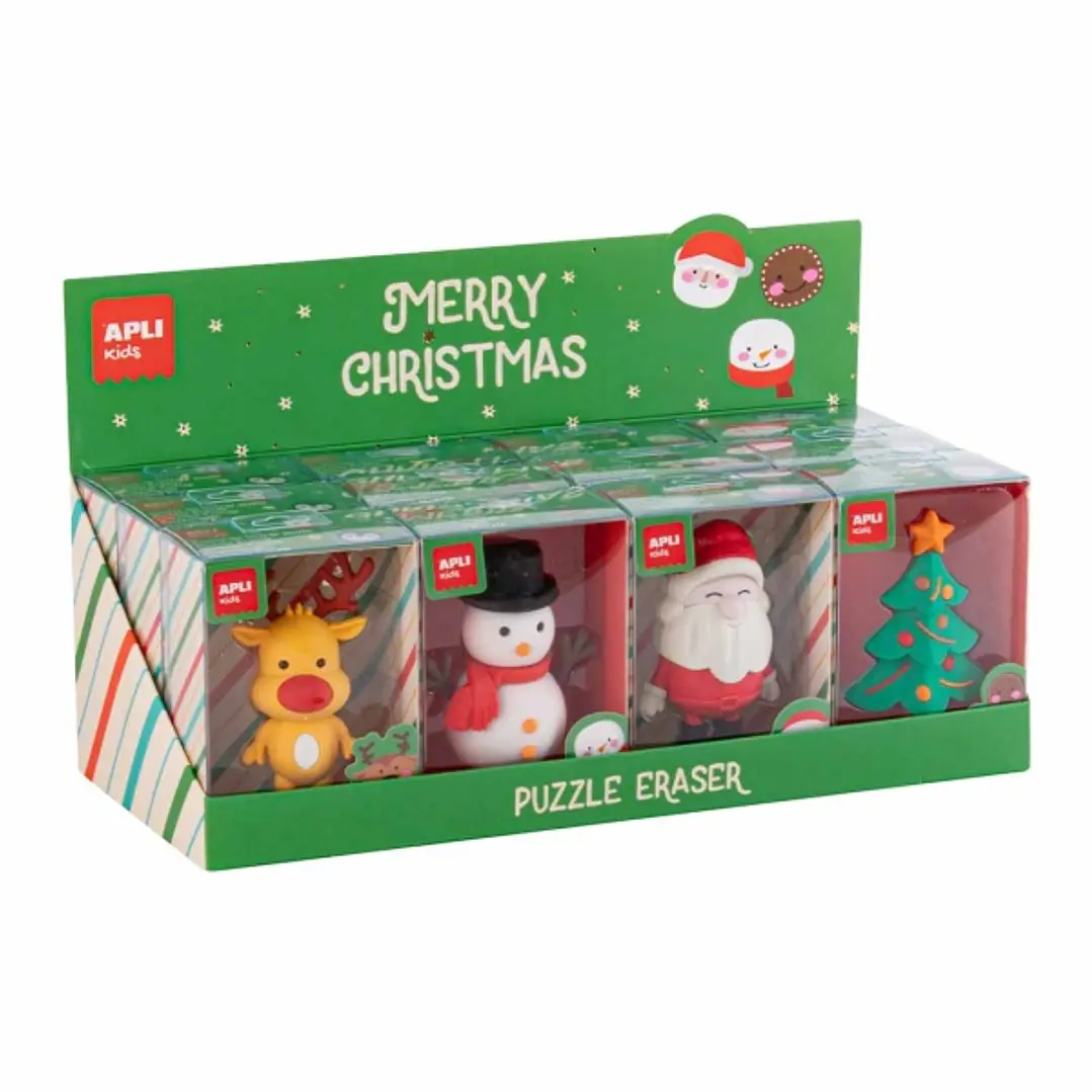 Apli Navidad Expositor con 12 Gomas de Borrar Maxi - 4 Diseños Navideños Diferentes - Formato Puzzle - 1