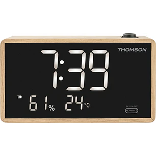 Thomson Radio Reloj Despertador con Proyeccion - Radio FM - Visualizacion Temperatura Interior - Angulo Proyeccion Ajustable - Color Madera