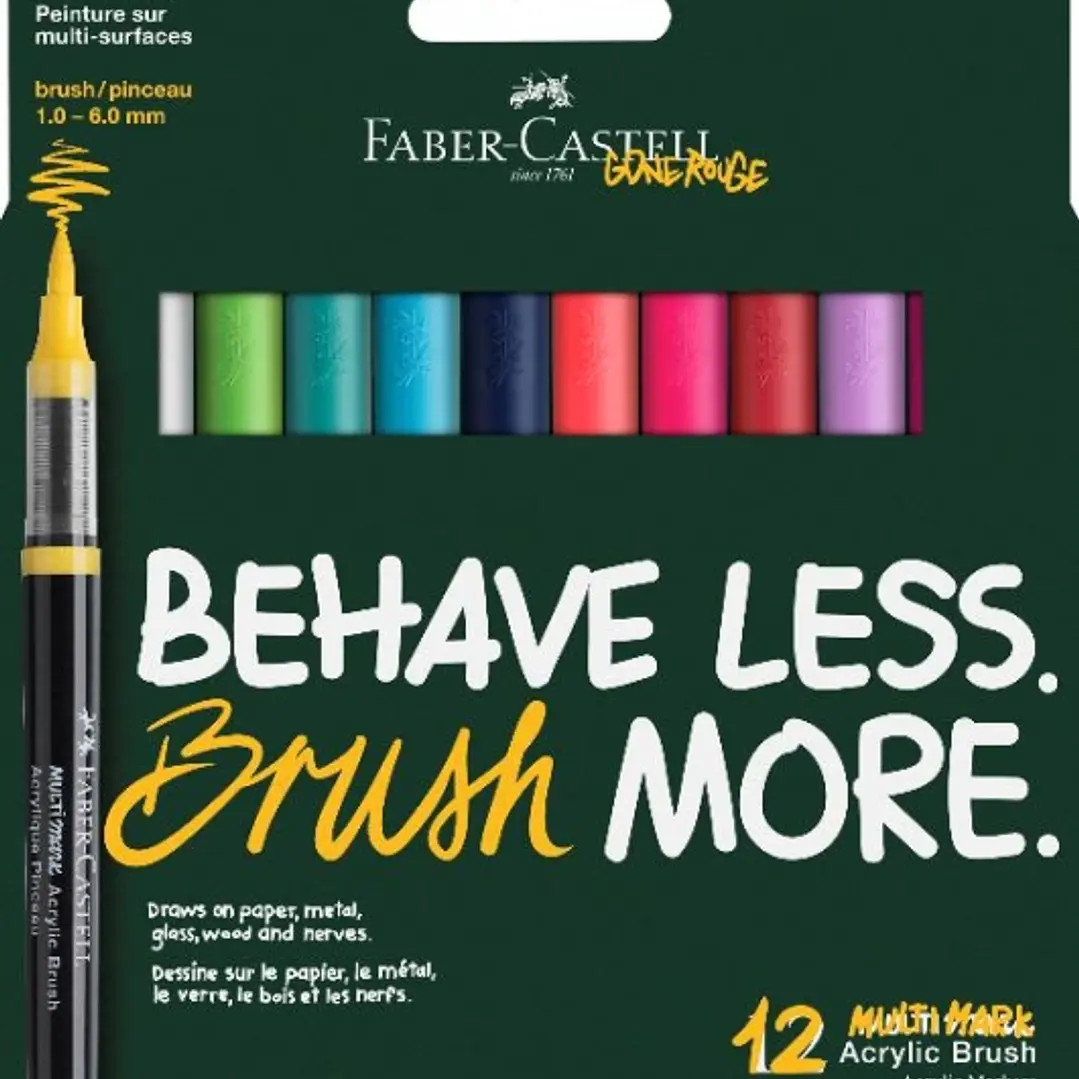 Faber-Castell Multimark Acrylic Brush Dopamin Pack con 12 Rotuladores Acrilicos Punta Pincel - Trazo de 1 a 6mm - Tinta Acrilica a Base de Agua - Colo 1