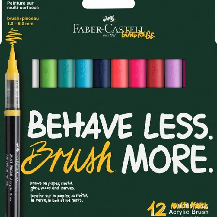 Faber-Castell Multimark Acrylic Brush Dopamin Pack con 12 Rotuladores Acrilicos Punta Pincel - Trazo de 1 a 6mm - Tinta Acrilica a Base de Agua - Colo 1