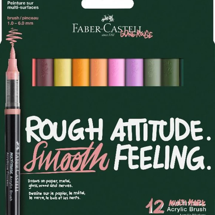 Faber-Castell Multimark Acrylic Brush Cottage Pack con 12 Rotuladores Acrilicos Punta Pincel - Trazo de 1 a 6mm - Tinta Acrilica a Base de Agua - Colo 1